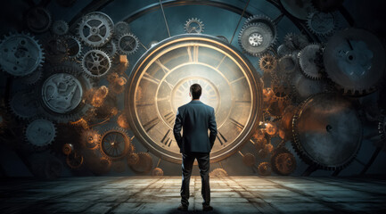 Time management concept with businessman looking at clock and cogwheels mechanism - obrazy, fototapety, plakaty