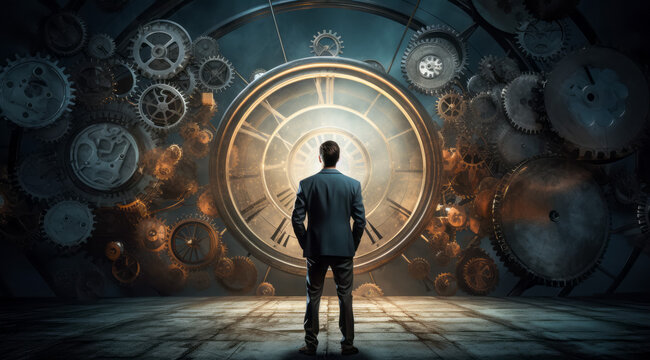 Time management concept with businessman looking at clock and cogwheels mechanism