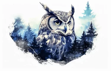 Rolgordijnen Watercolor painting of an owl in forest on white background. © thodonal