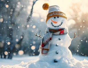 Obraz premium Whistlerian Snowman in Snowfall with Tinycore Style, Happycore with Warm Amber Tones