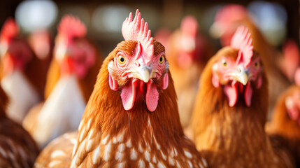 A closeup shot of a brood of hens on a farm