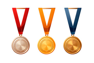 Set of realistic illustrations of gold, silver and bronze medals on ribbons. Sports competitions award first, second and third place isolated on transparent background. Png file