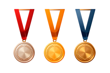 Set of realistic illustrations of gold, silver and bronze medals on ribbons. Sports competitions award first, second and third place isolated on transparent background. Png file