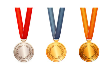 Set of realistic illustrations of gold, silver and bronze medals on ribbons. Sports competitions award first, second and third place isolated on transparent background. Png file