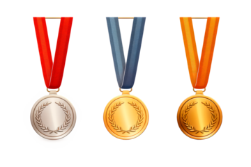 Set of realistic illustrations of gold, silver and bronze medals on ribbons. Sports competitions award first, second and third place isolated on transparent background. Png file
