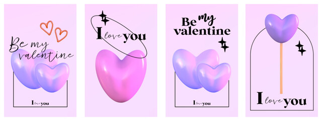 Abstract Y2K Heart gradient poster with aesthetic 3D. Purple template with gradient and arch. Design for card, banner, story. Aesthetic 3d vector illustration