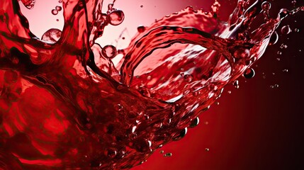 Splashing red wine close up on red background