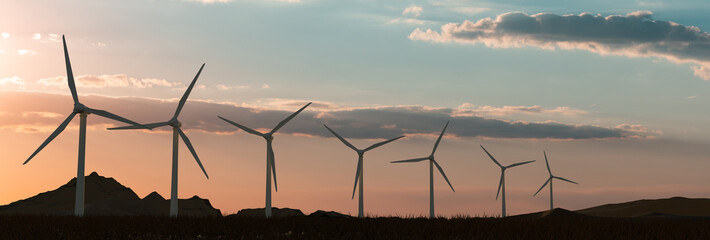 Silhouette of wind turbines. Sky with clouds during sunset. Renewable and sustainable energy,...