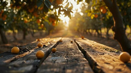 Naklejka na ściany i meble Citrus Harvest Hub - Wooden Table Amidst Lush Orange Grove, Artfully Blurred Imagery