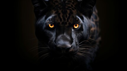 A close up of a black leopard with yellow eyes
