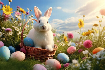 Cute white Easter bunny sits in a basket, next to painted Easter eggs on a meadow in spring