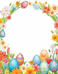Festive frame template with trendy floral pattern on Easter Eggs. Decorative vertical banner with flowers on white background. Holiday poster with place for text