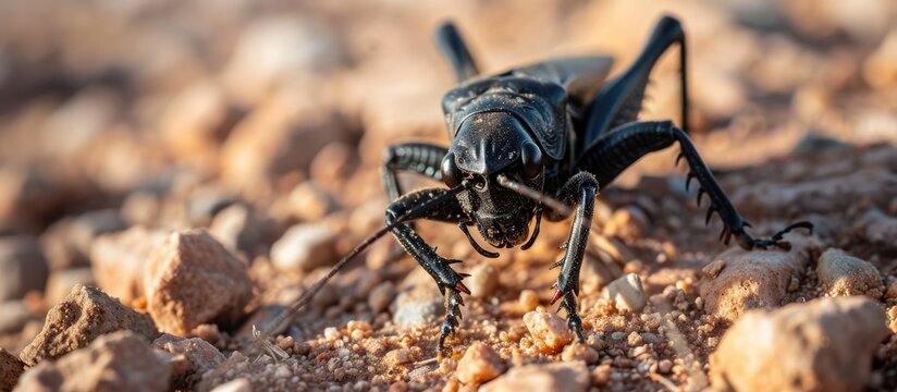 Close-up of black mormon cricket in desert