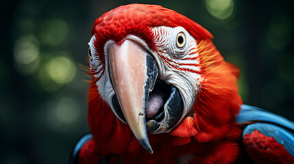 A crimson macaw or red parrot stares - obrazy, fototapety, plakaty