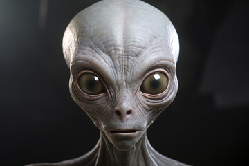 Alien or extraterrestrial, sci-fi, horror concept. Gray alien portrait with big heads and dark big eyes in dark background