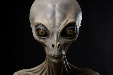 Alien or extraterrestrial, sci-fi, horror concept. Gray alien portrait with big heads and dark big eyes in dark background