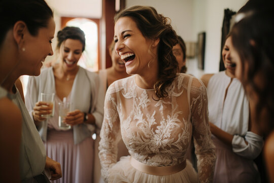 Capturing the moments of laughter and camaraderie among the wedding party during preparation. Outfits, customs, dishes, love - Powered by Adobe