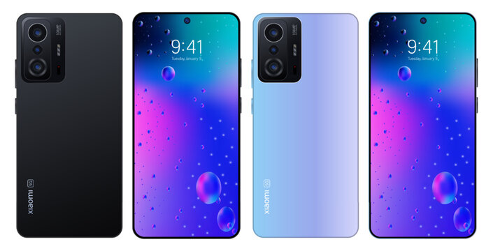 Xiaomi Redmi11T official presentation new flagship. New generation smartphone, triple 108 MP AI camera, black and blue color. 6.67inch AdaptiveSync AMOLED display with 120Hz refresh rate. Editorial