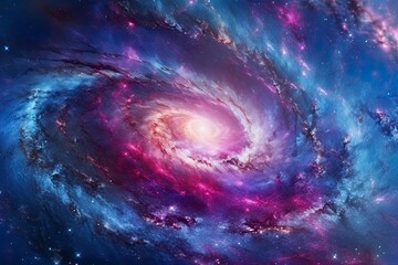 Captivating spiral galaxy with vibrant hues of blue and magenta, this image evokes the vastness of the cosmos. Ideal for astronomy enthusiasts and cosmic visuals. Suitable for educational content