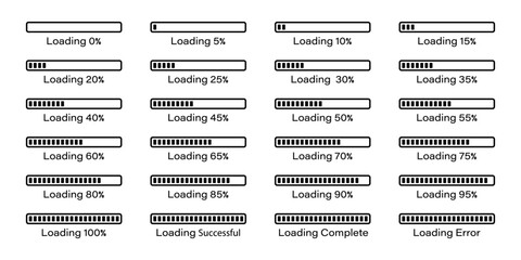 Percentage loading bar infographics icon set 0-100% in black colour.  Rectangle bar percent loading and process symbols collection. Set of percentage loading bar 5%, 10%, 95%, 100% in black color.