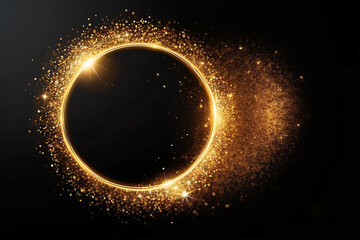 Gold glittering circle frame on black background. Christmas and New Year concept