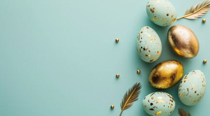 Festive easter background with painted golden decoration on easter eggs on beautiful turquoise table. Top view and fashion flat lay style.
