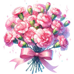 A Bouquet of Pink carnations in a cute anime watercolor style, featuring sparkling water drops wrapped in an elegant and delicate bouquet, PNG Clipart Transparent Background, Valentine's Day