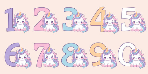 Colorful numbers with cute unicorns. Set of vector symbols. Beautiful cartoon element for children's birthday invitation, greeting card and cake toppers.