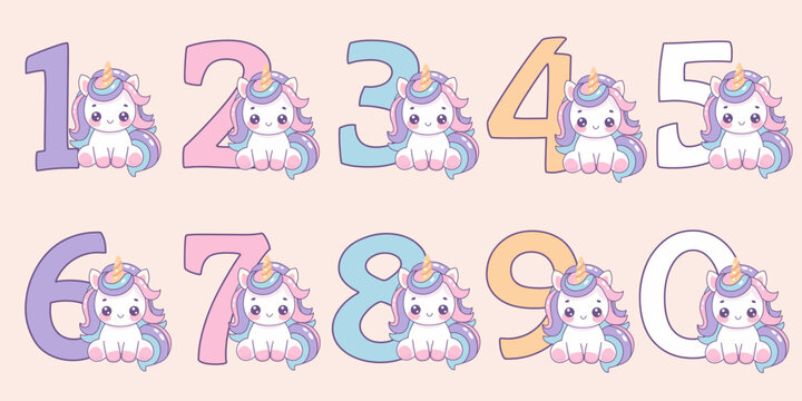 Colorful numbers with cute unicorns. Set of vector symbols. Beautiful cartoon element for children's birthday invitation, greeting card and cake toppers.