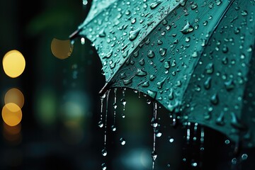 close - up of a green umbrella under heavy rain water drops splash background 