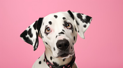 A dalmatian dog with a pink background