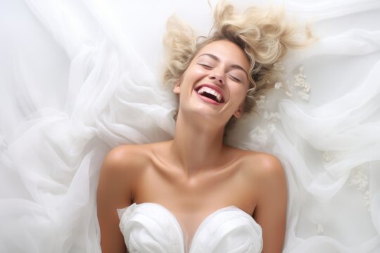 photo on a white background of a portrait of a magnificent bride seen from above who is laughing with her eyes closed and her head thrown back. Her face exudes happiness and joy. Generative AI