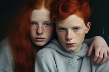 Twin brother and sister with red hair and freckles, portrait - obrazy, fototapety, plakaty