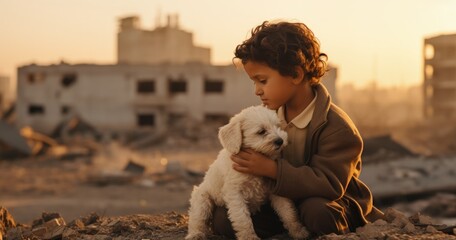 Young Arab child in war-torn country with a small white puppy. Bombed out city background with...