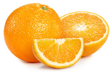 Fresh organic orange with leaves isolated on white background