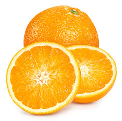 Fresh organic orange with leaves isolated on white background