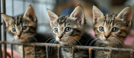 Kittens housed in a shelter cage. Cats at a vet clinic.