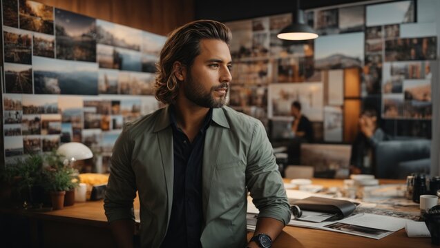 handsome businessman sitting at desk in office and looking away