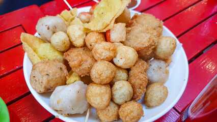 Vietnamese Fast Food With Fried Fish Ball, Meatball, Wonton And Dumpling.