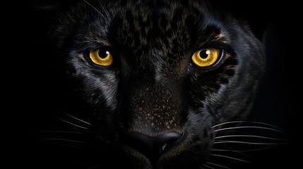 A close up of a black cat with yellow eyes