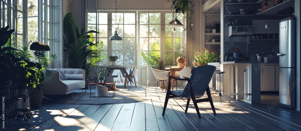 Poster interior of a home armchair and dining room. with copy space image. place for adding text or design