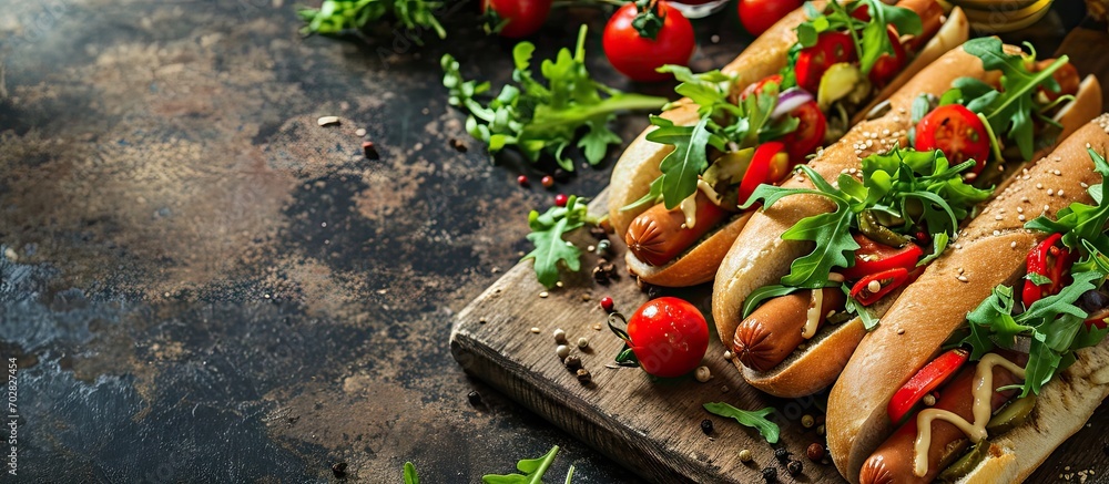 Poster Hot dogs on a wooden board surrounded by spices and vegetables such as tomatoes peppers and onions. with copy space image. Place for adding text or design