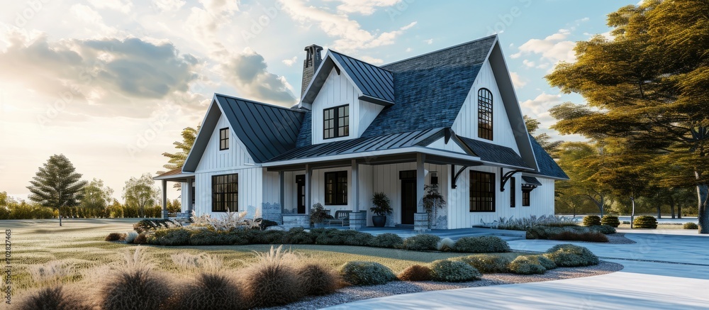 Poster Modern Farmhouse with white and blue details. with copy space image. Place for adding text or design