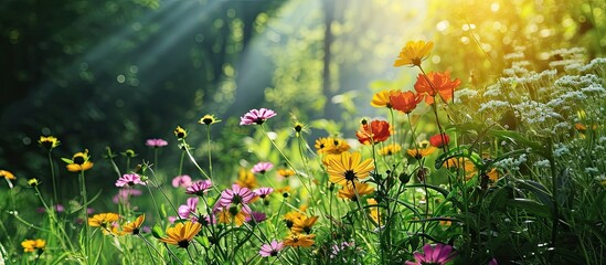 How beautifully round like a ball the red pink misty colored flowers are blooming yellow in the middle looks very beautiful green nature around open sky shining sun around. with copy space image
