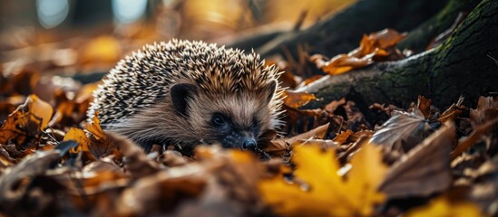 Hedgehog Scientific name Erinaceus Europaeus Wild native hedgehog curled into a ball and facing forward in golden ferns and leaves waking up from hibernation Horizontal Copy space - obrazy, fototapety, plakaty