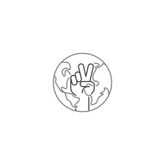 Hand making peace and love with world, global. Modern sign, linear pictogram, outline symbol, simple thin line vector design element template