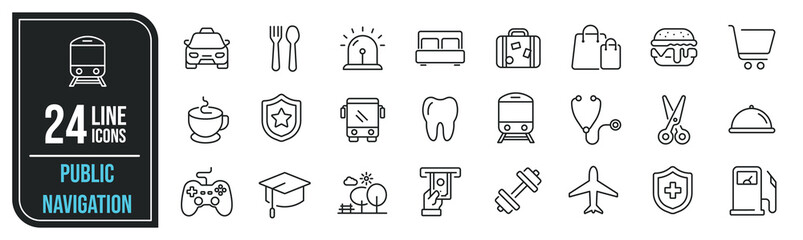 Public navigation simple minimal thin line icons. Related transportation, place, sign. Editable stroke. Vector illustration.