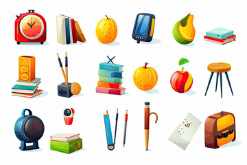 School and education icons. Character set. School bag, globe, book, fruit, compass, alarm clock, pencil, watch,