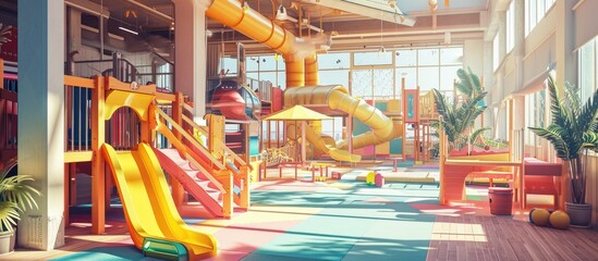 Modern indoor children s playground Colorfull indoor slide kindergarten area. with copy space image. Place for adding text or design - obrazy, fototapety, plakaty