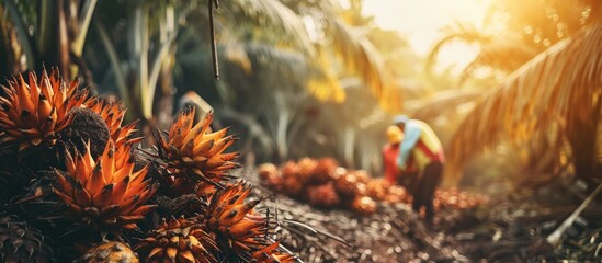 Harvested oil palm fruits with workers in background. with copy space image. Place for adding text or design - obrazy, fototapety, plakaty
